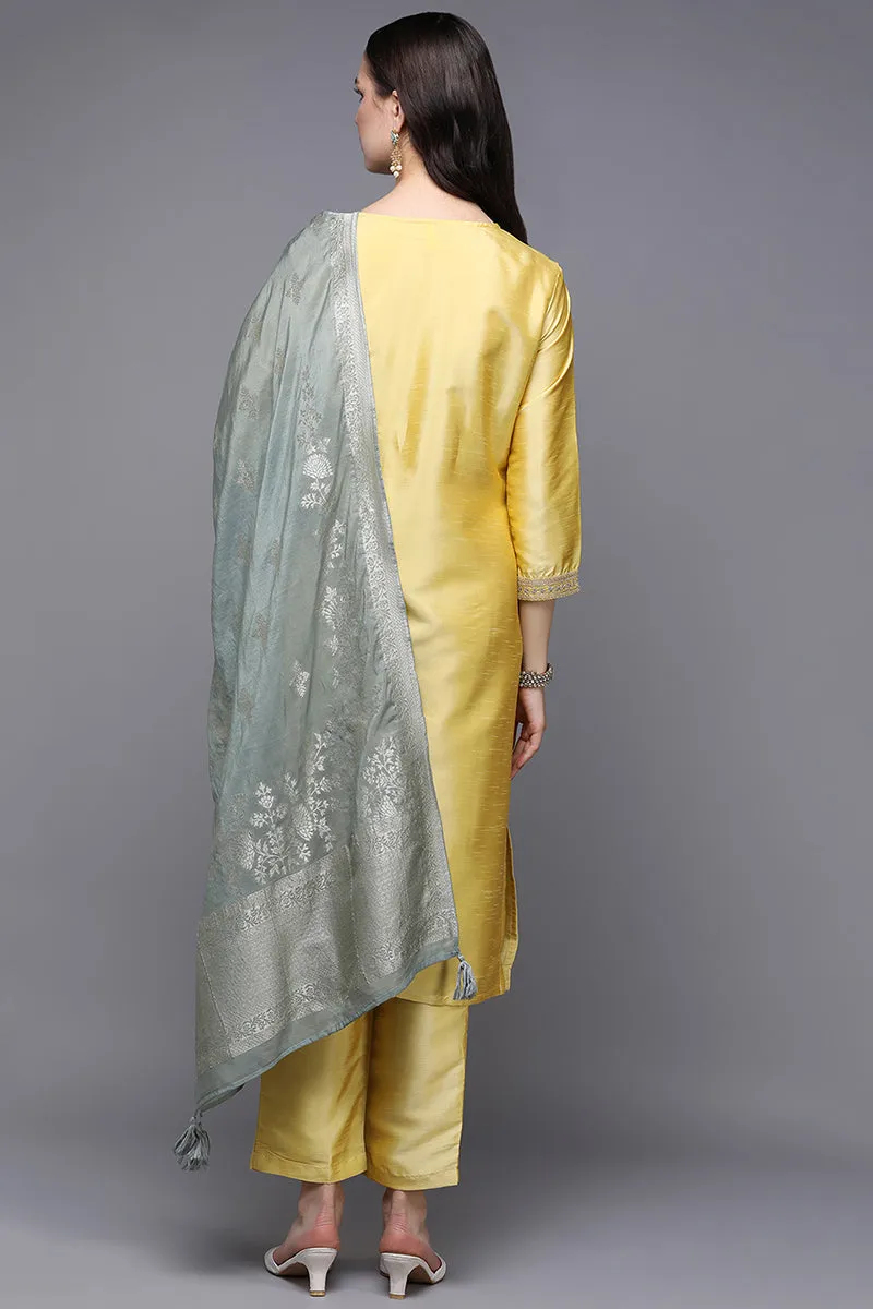 Yellow Poly Silk Floral Straight Suit Set