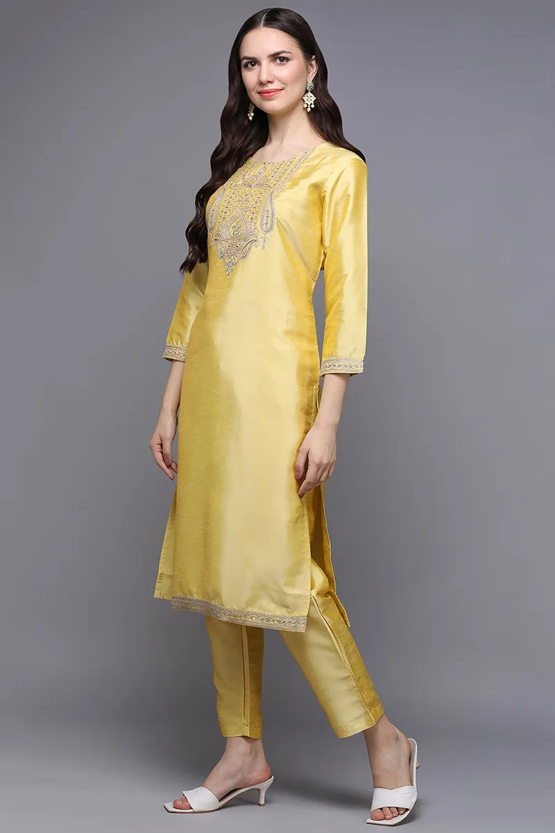 Yellow Poly Silk Floral Straight Suit Set