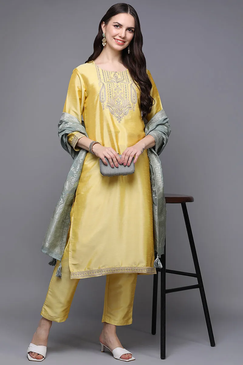Yellow Poly Silk Floral Straight Suit Set