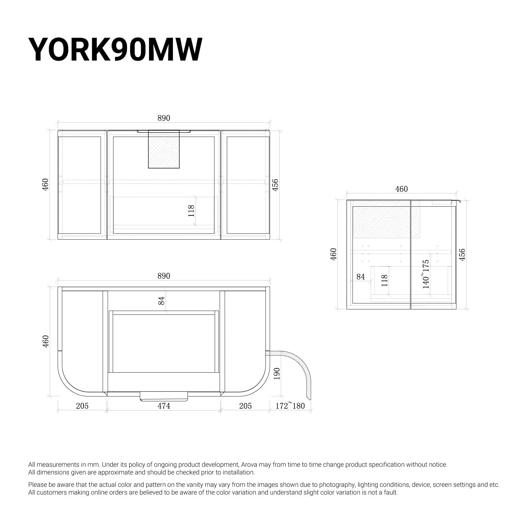 York 900mm Curved Wall Hung Vanity Matte White   Luxe Stone Top